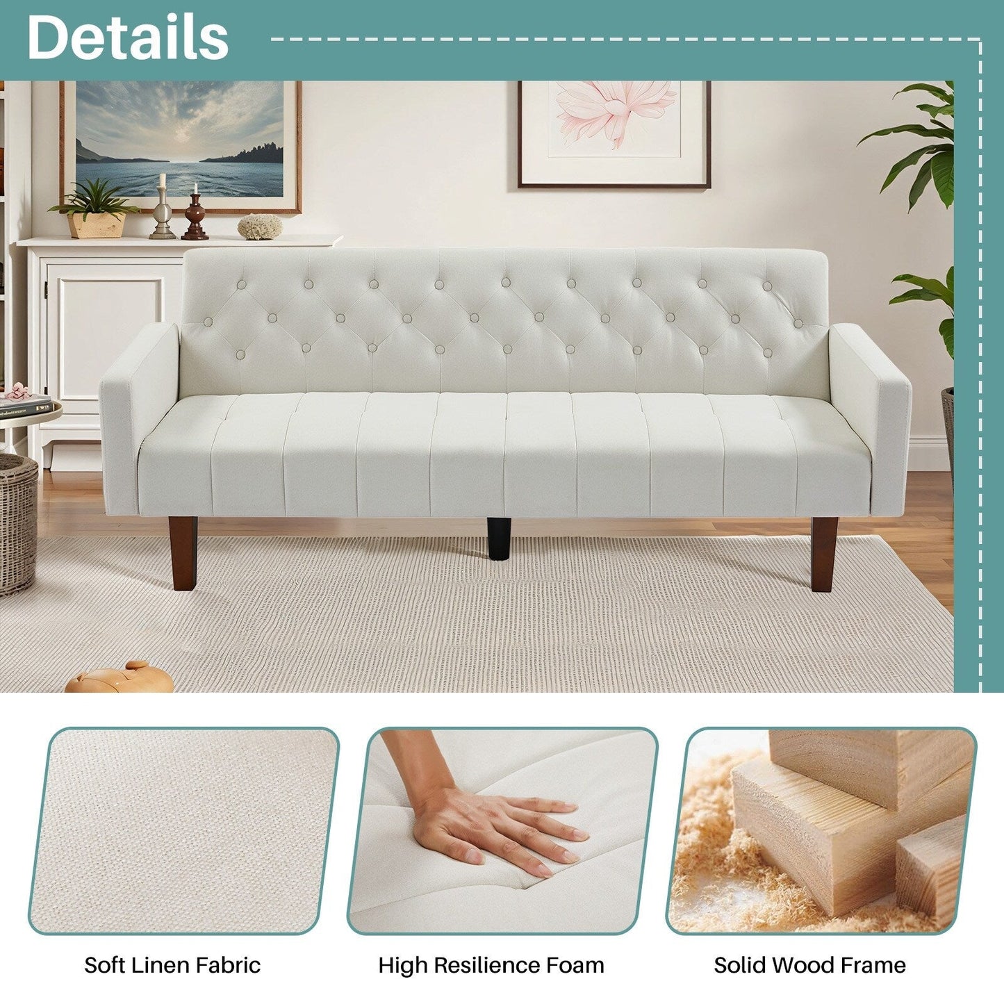 Divano letto futon matrimoniale in lino da 74,41 pollici, divano a due posti trasformabile con schienale regolabile - 74,41 x 32,68 x 28,94