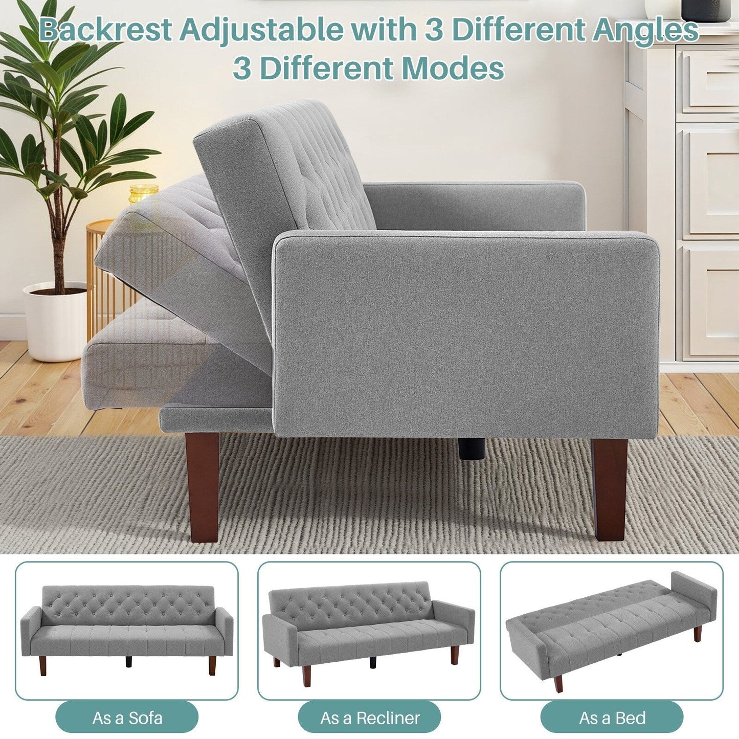 Divano letto futon matrimoniale in lino da 74,41 pollici, divano a due posti trasformabile con schienale regolabile - 74,41 x 32,68 x 28,94