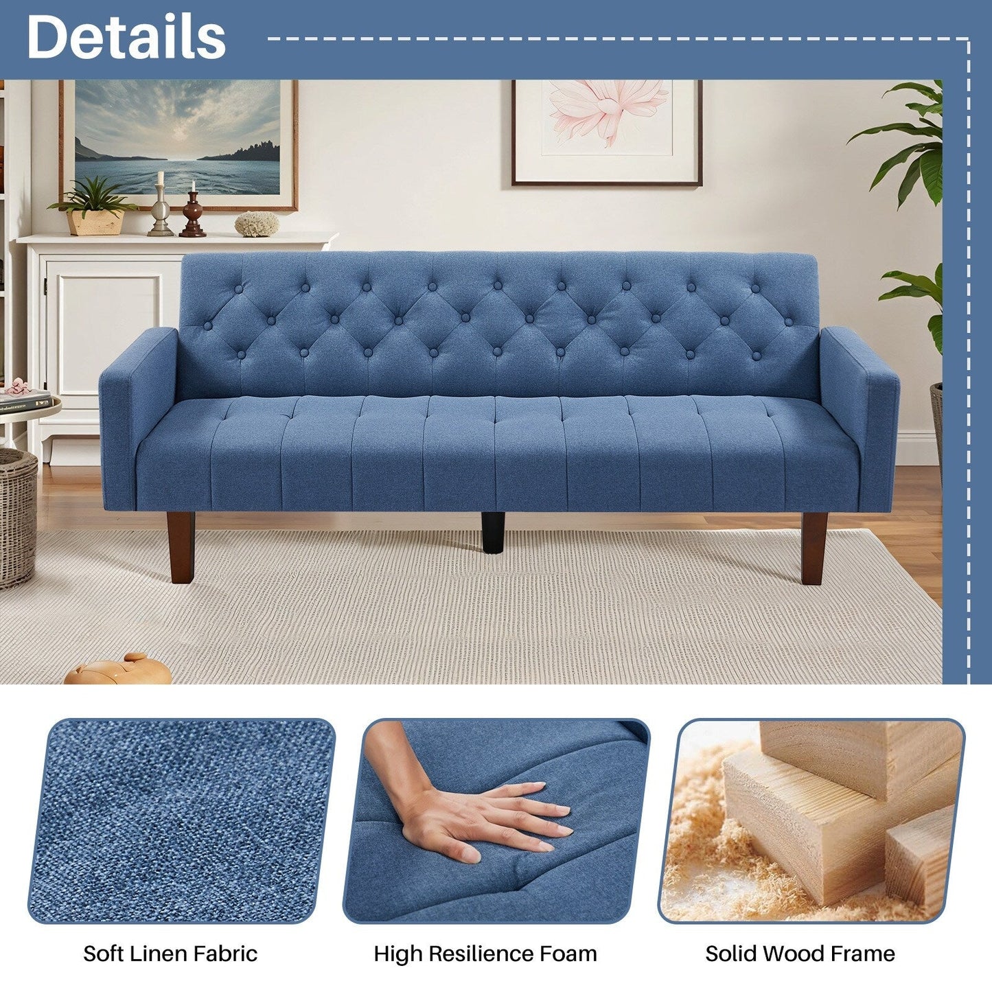 Divano letto futon matrimoniale in lino da 74,41 pollici, divano a due posti trasformabile con schienale regolabile - 74,41 x 32,68 x 28,94