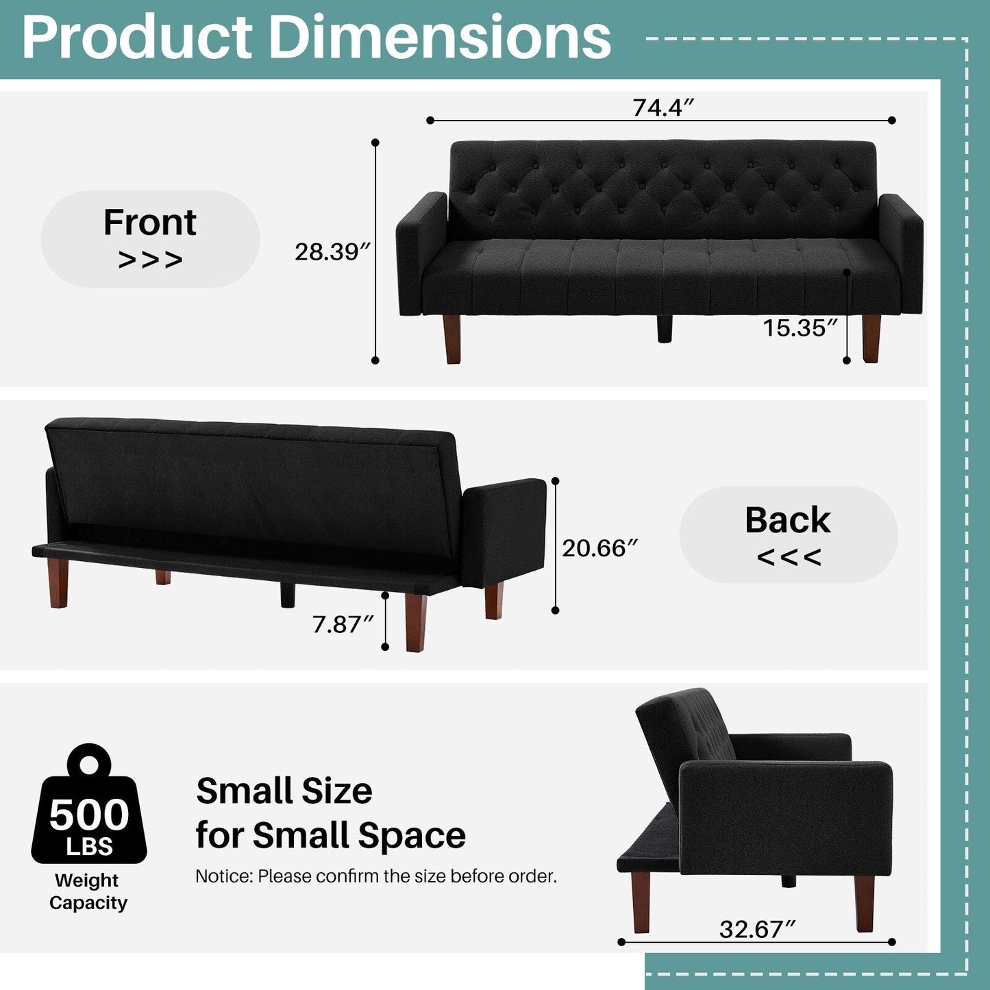 Divano letto futon matrimoniale in lino da 74,41 pollici, divano a due posti trasformabile con schienale regolabile - 74,41 x 32,68 x 28,94