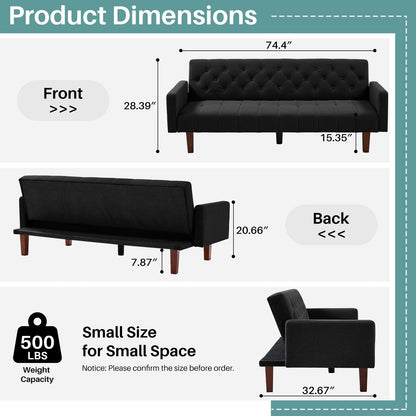 Divano letto futon matrimoniale in lino da 74,41 pollici, divano a due posti trasformabile con schienale regolabile - 74,41 x 32,68 x 28,94