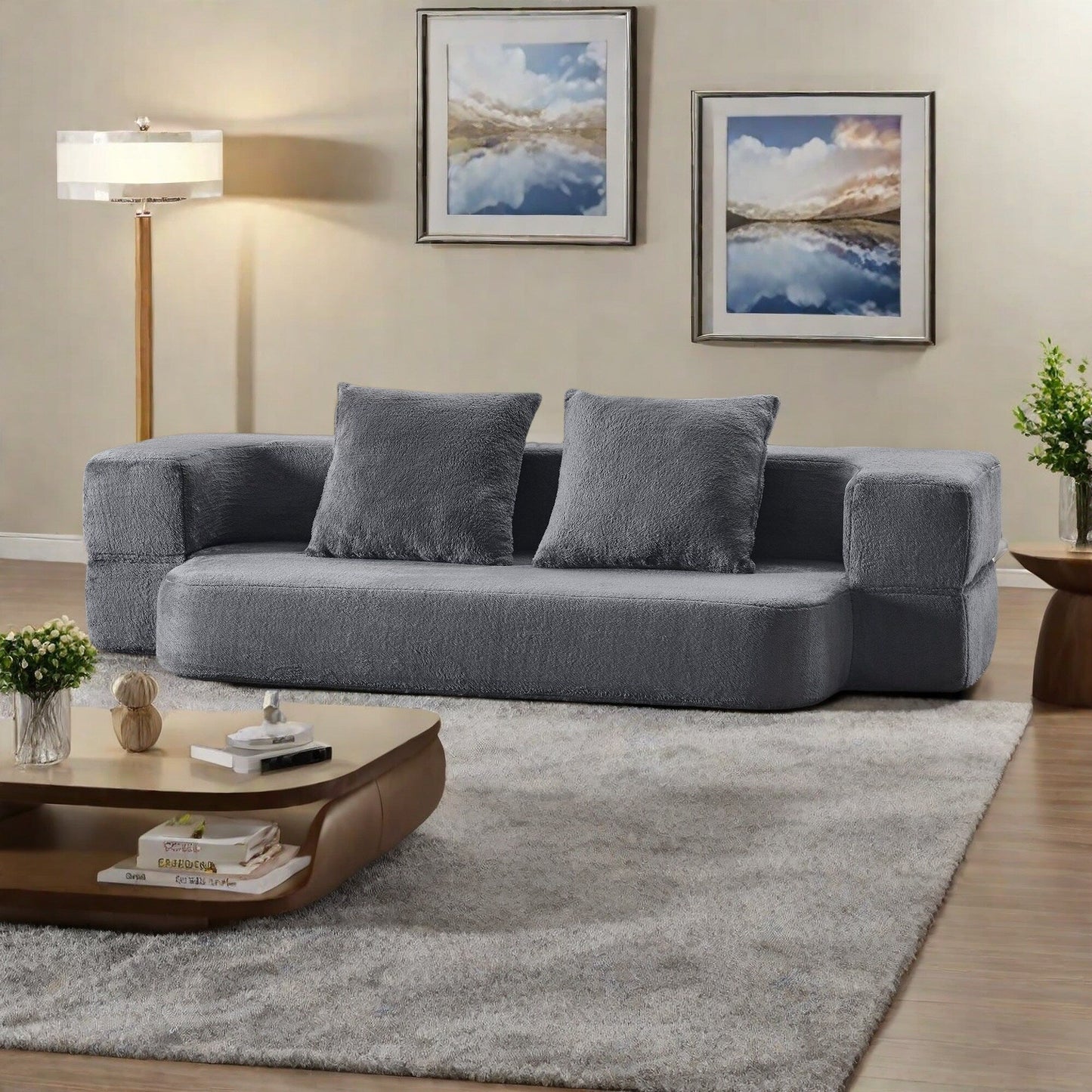 Divano da pavimento multifunzionale 3 in 1 da 74,81 m in pelliccia sintetica, trasformabile in letto e materasso con spugna memory ad alta densità