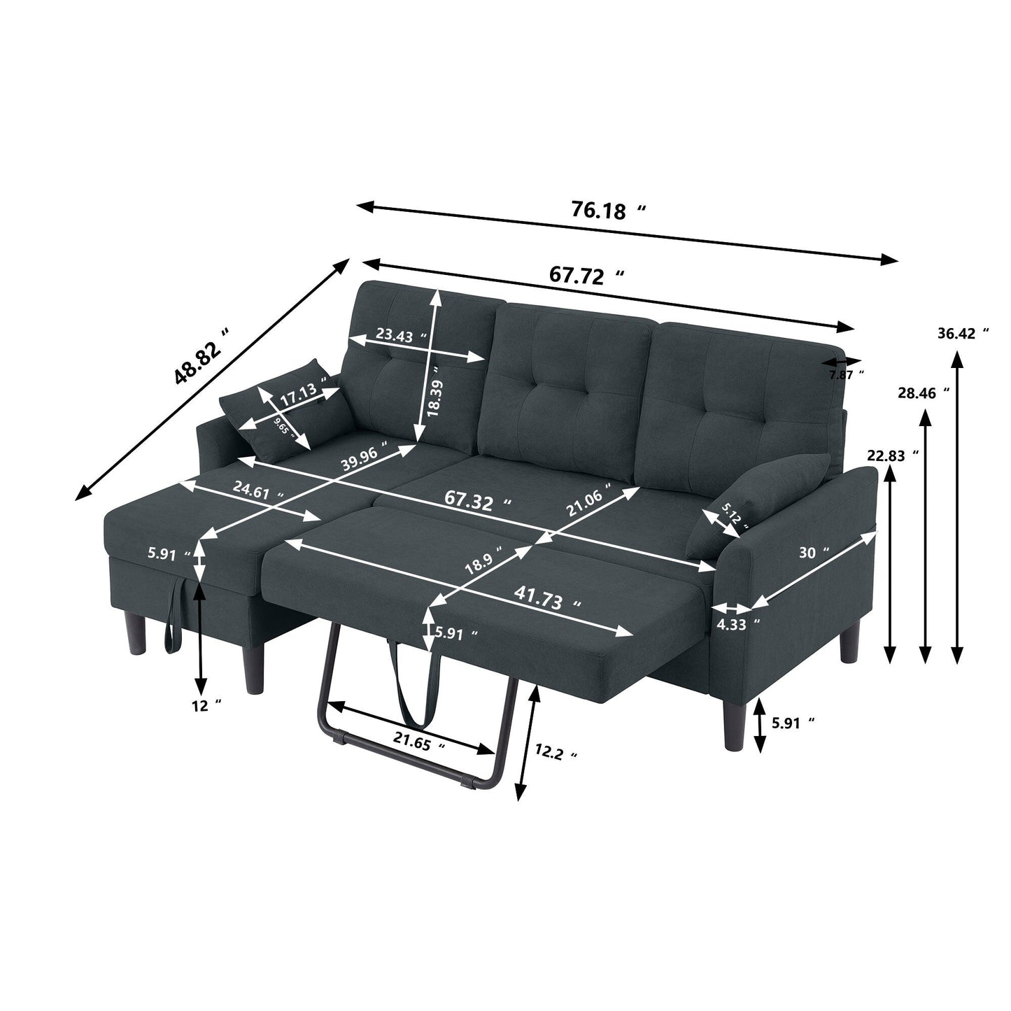 Divano letto imbottito estraibile 76.18 con chaise longue contenitore