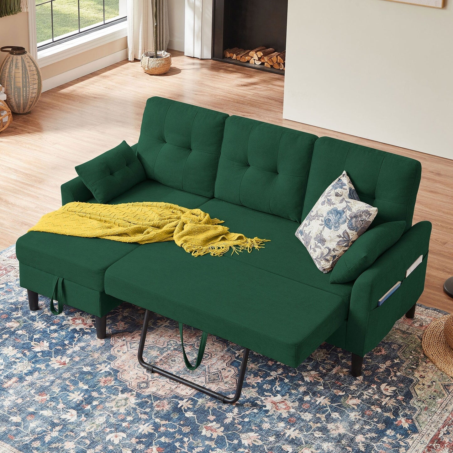 Divano letto imbottito estraibile 76.18 con chaise longue contenitore