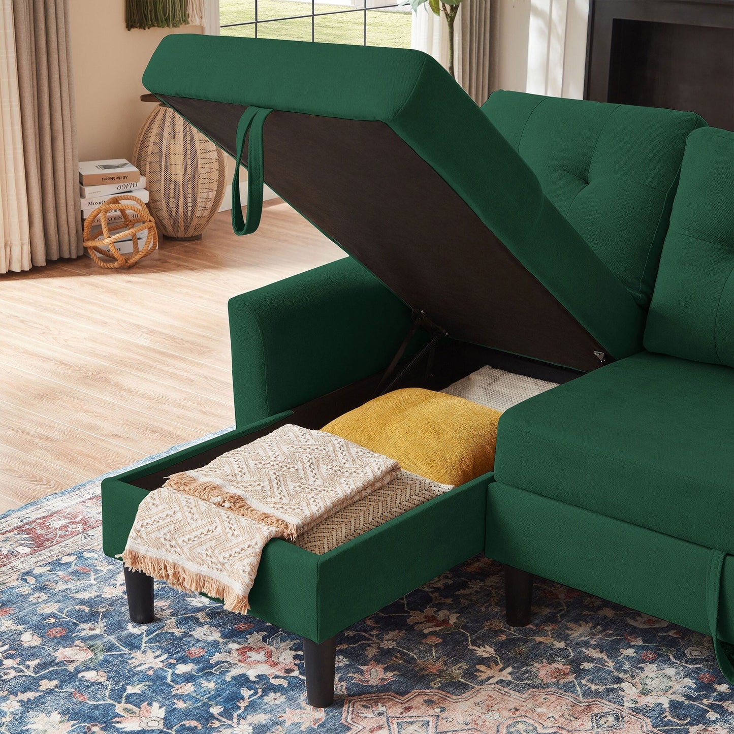 Divano letto imbottito estraibile 76.18 con chaise longue contenitore