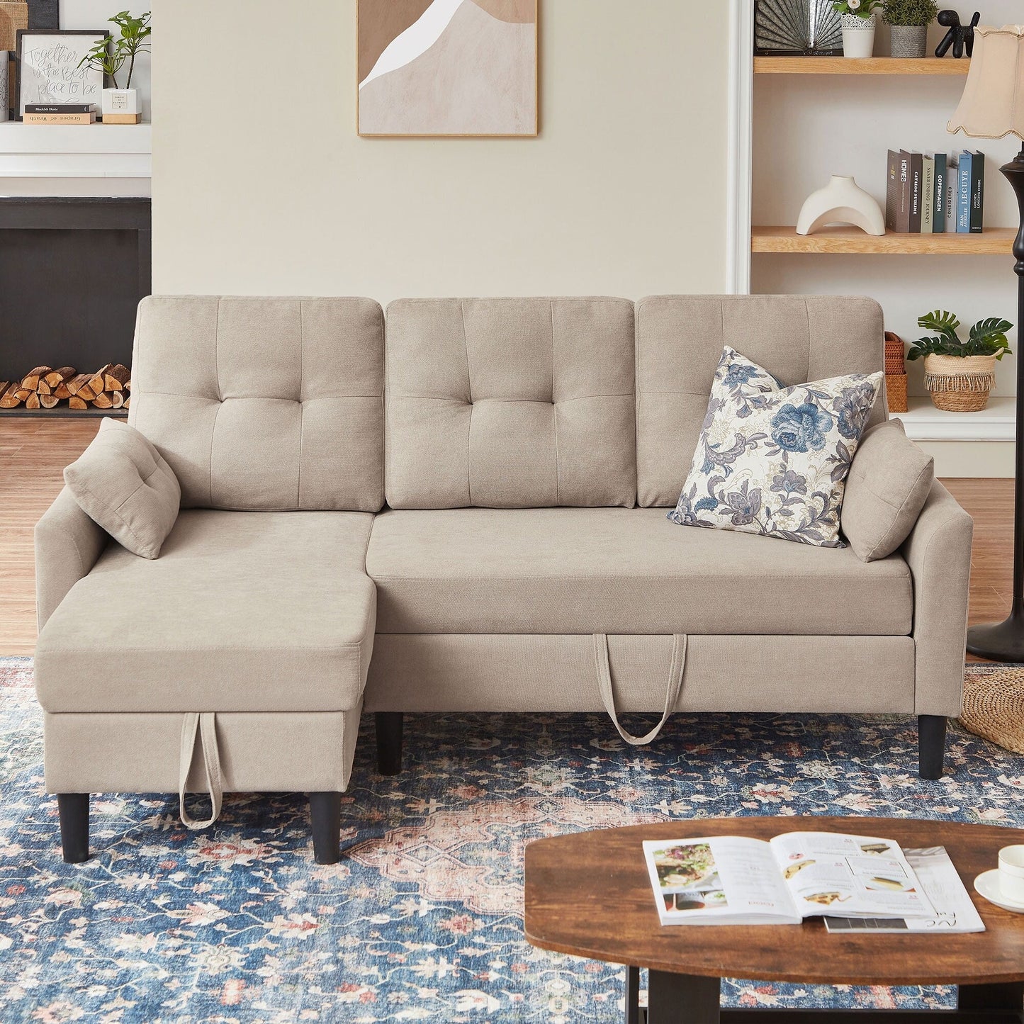 Divano letto imbottito estraibile 76.18 con chaise longue contenitore