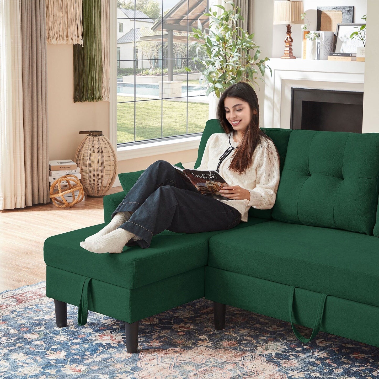 Divano letto imbottito estraibile 76.18 con chaise longue contenitore