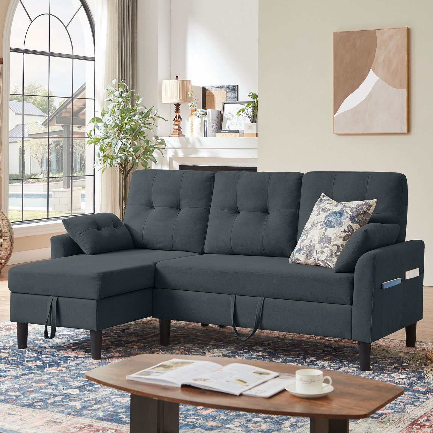 Divano letto imbottito estraibile 76.18 con chaise longue contenitore