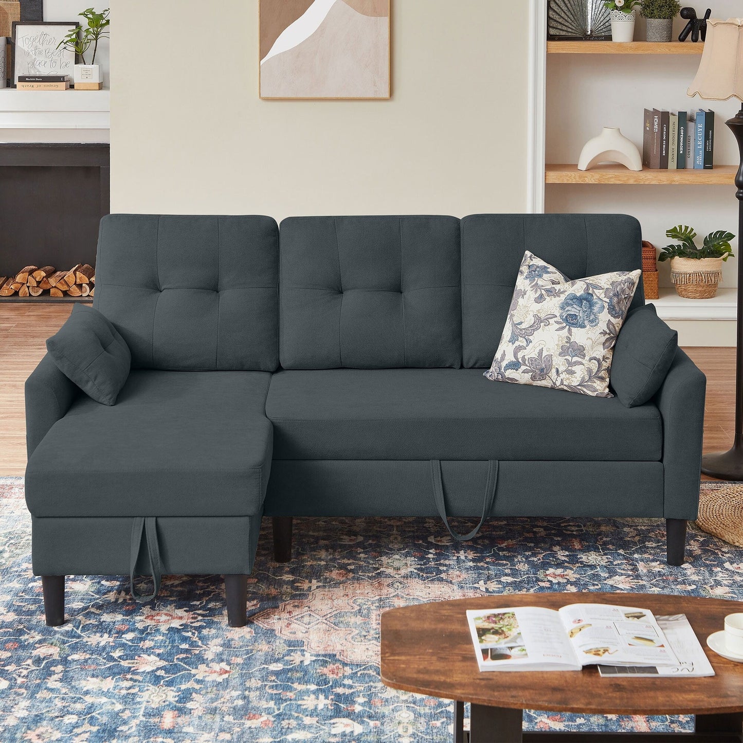 Divano letto imbottito estraibile 76.18 con chaise longue contenitore