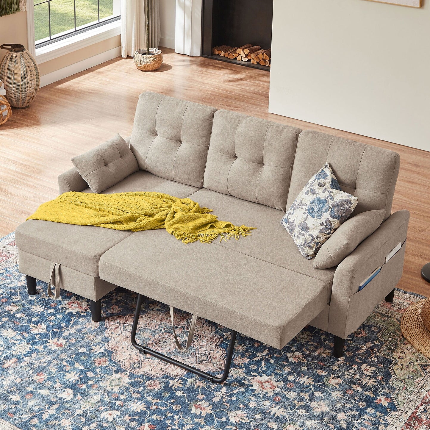 Divano letto imbottito estraibile 76.18 con chaise longue contenitore