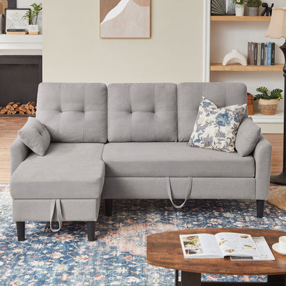 Divano letto imbottito estraibile 76.18 con chaise longue contenitore