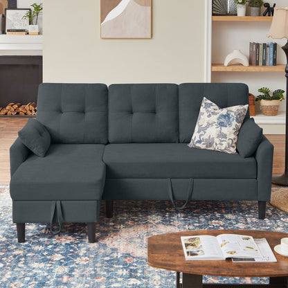 Divano letto imbottito estraibile 76.18 con chaise longue contenitore