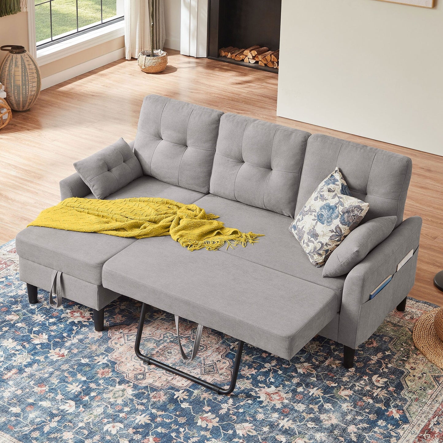 Divano letto imbottito estraibile 76.18 con chaise longue contenitore