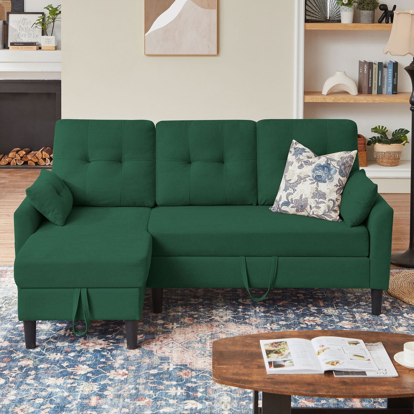 Divano letto imbottito estraibile 76.18 con chaise longue contenitore