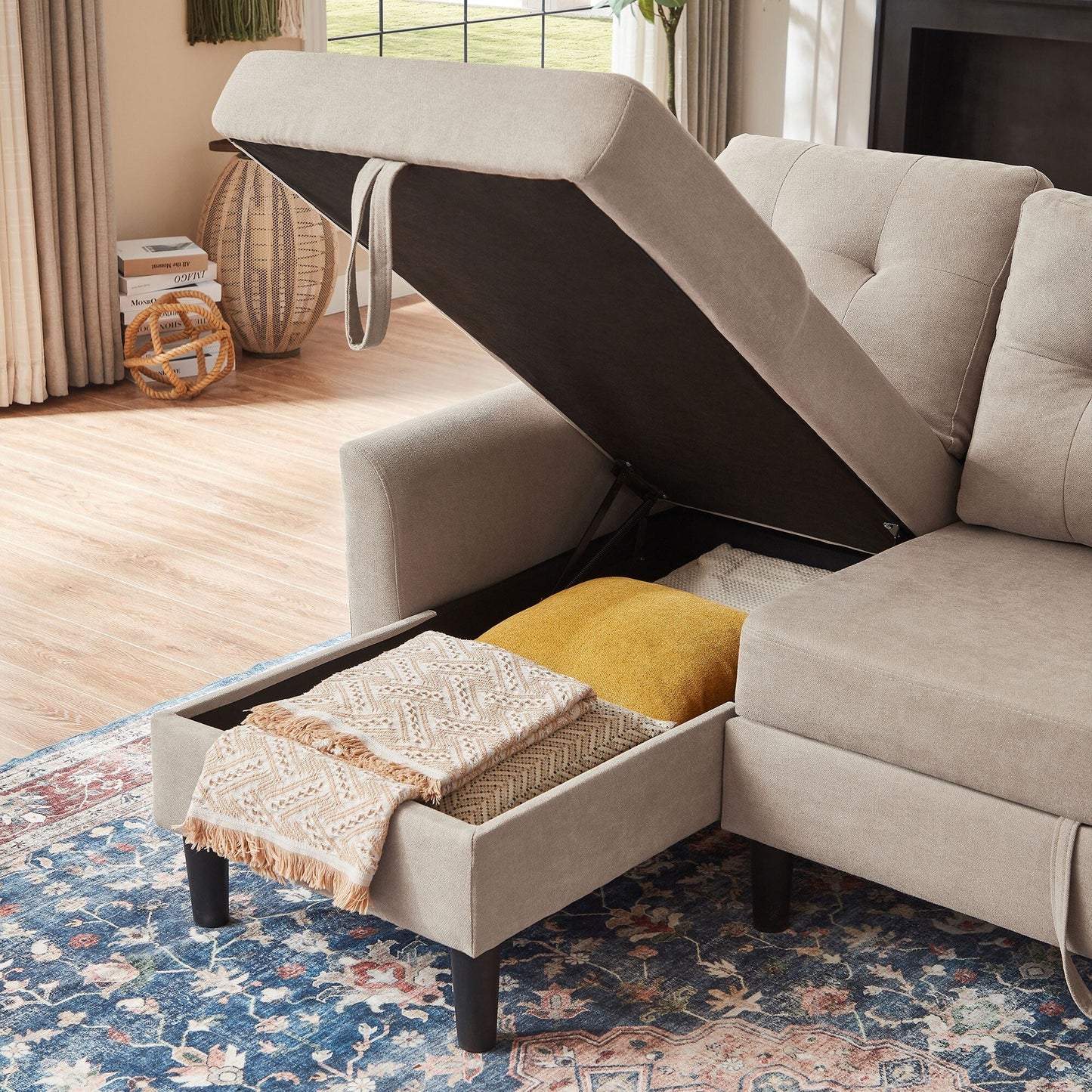 Divano letto imbottito estraibile 76.18 con chaise longue contenitore