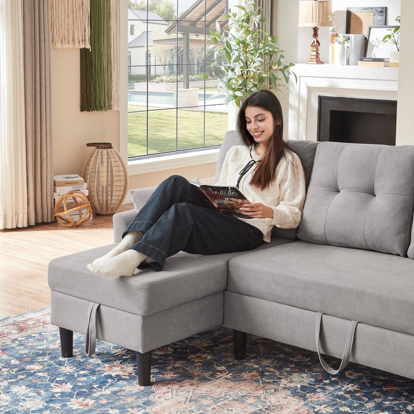 Divano letto imbottito estraibile 76.18 con chaise longue contenitore