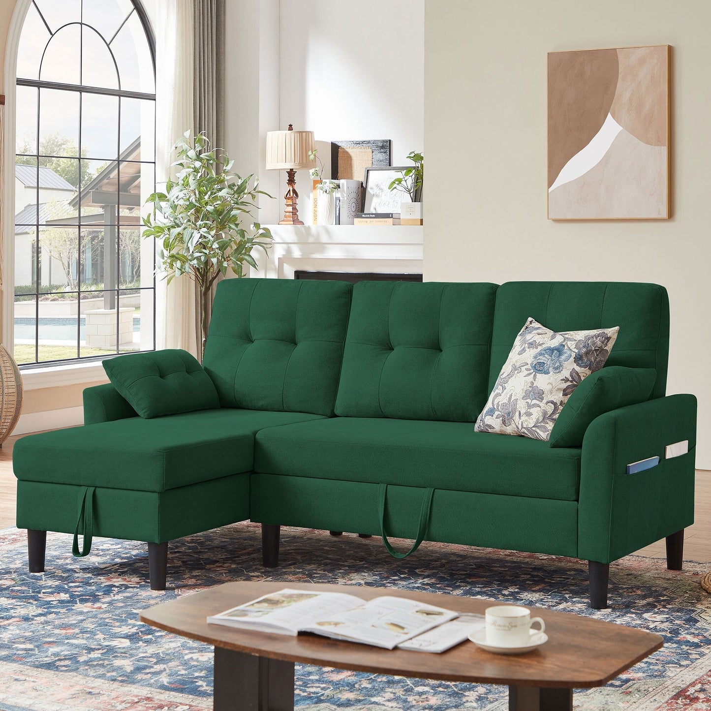 Divano letto imbottito estraibile 76.18 con chaise longue contenitore