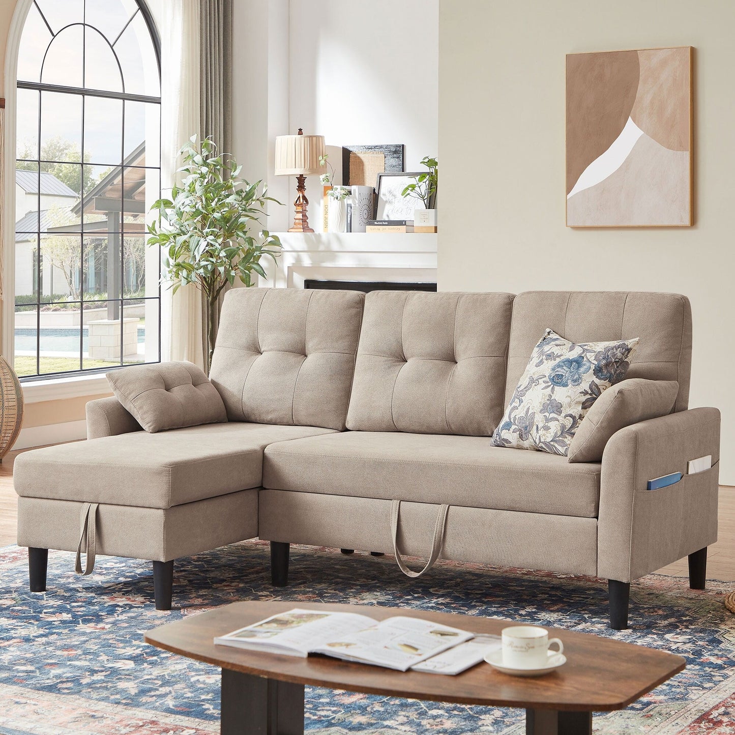 Divano letto imbottito estraibile 76.18 con chaise longue contenitore