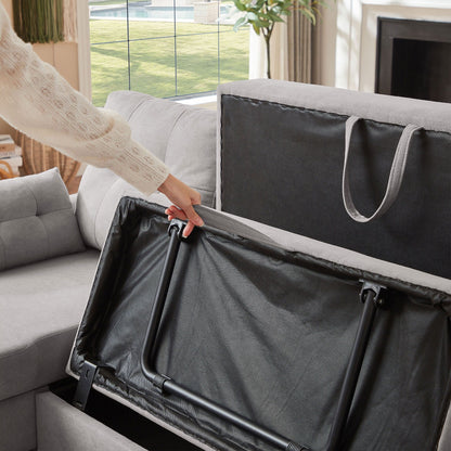 Divano letto imbottito estraibile 76.18 con chaise longue contenitore