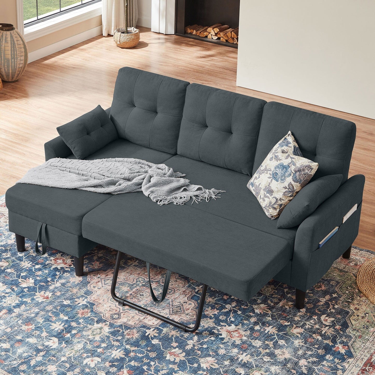 Divano letto imbottito estraibile 76.18 con chaise longue contenitore