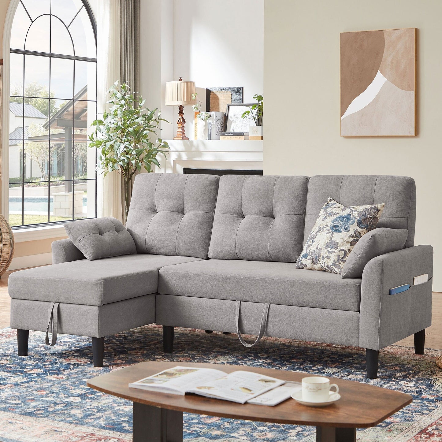 Divano letto imbottito estraibile 76.18 con chaise longue contenitore