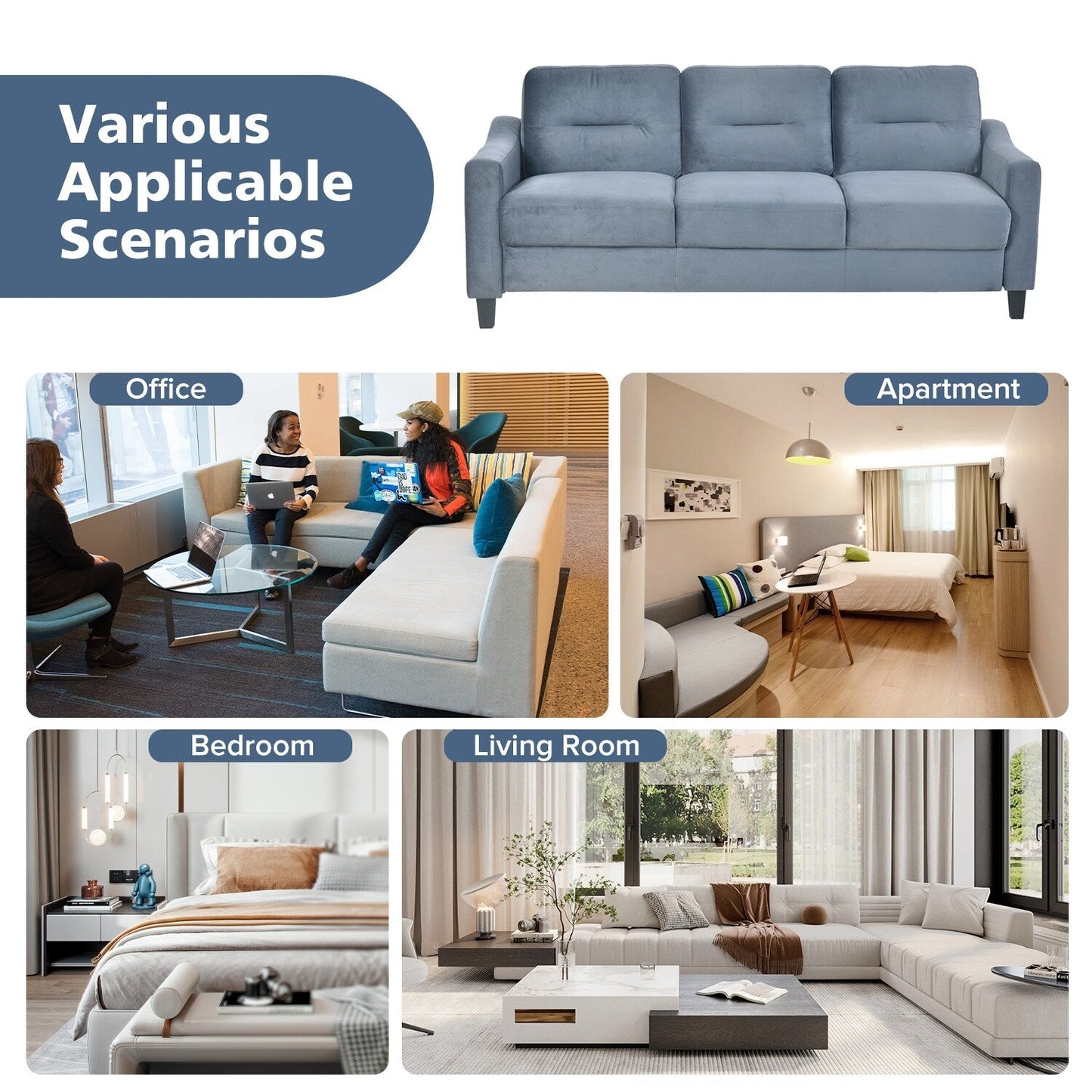 Divano a 3 posti in velluto 76.7 con robusta struttura in legno massello e schiuma altamente elastica per soggiorno