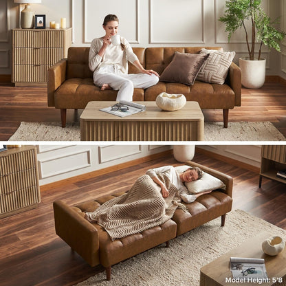 Divano letto futon Mid Century 76.8 - Divano letto trasformabile per soggiorno e camera da letto, in similpelle color marrone pecan