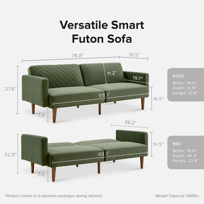 Divano letto futon moderno di metà secolo da 76,8 cm - Divano a due posti con fodera in velluto di alta qualità per soggiorno, verde oliva