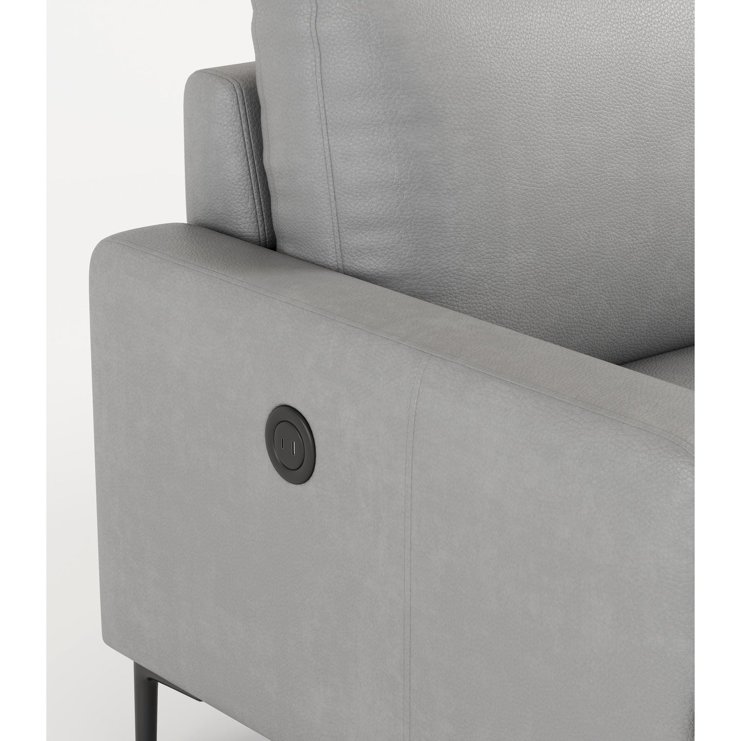 Divano a 3 posti in vera pelle con caricatore USB, cuscini ad alta resilienza e gambe in metallo nero.