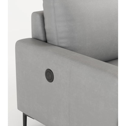 Divano a 3 posti in vera pelle con caricatore USB, cuscini ad alta resilienza e gambe in metallo nero.