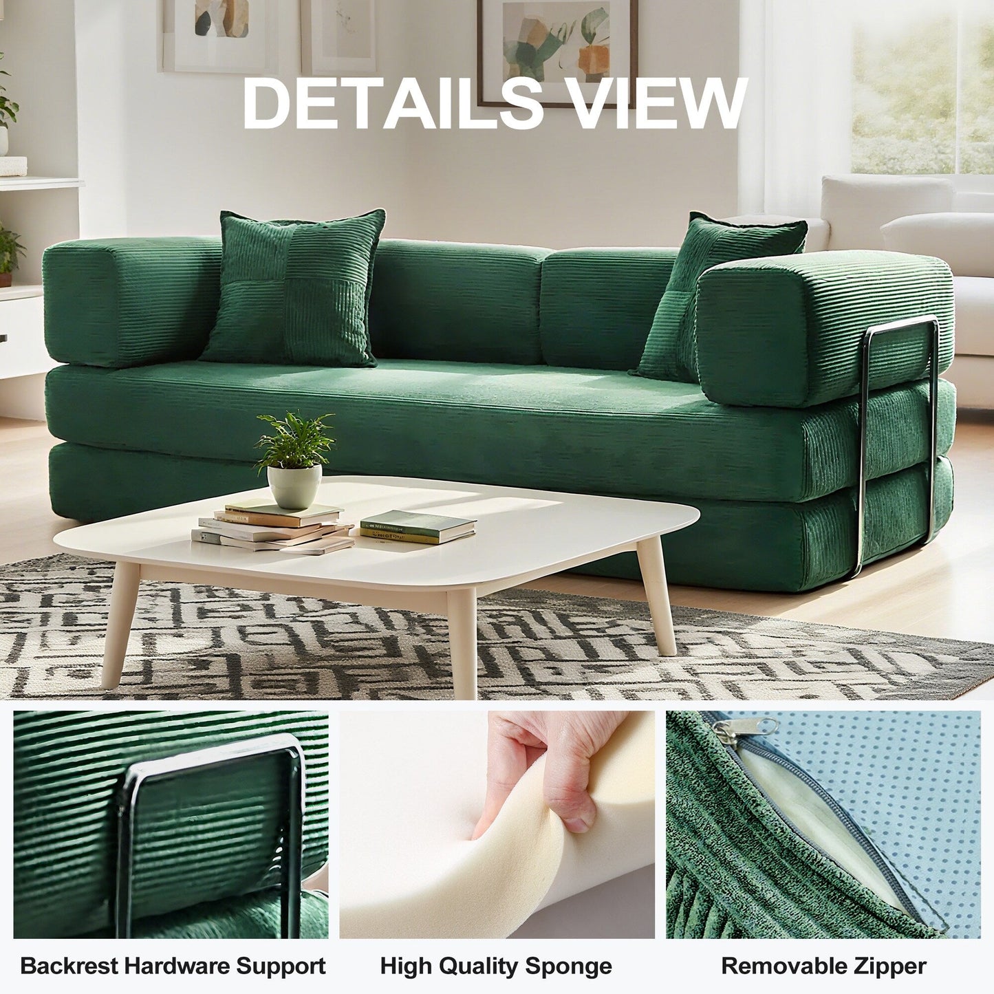 Divano letto trasformabile da 78,8 metri con cuscino, supporto per la schiena, bracciolo, divano da pavimento, divano a compressione, divano futon, letto da salotto