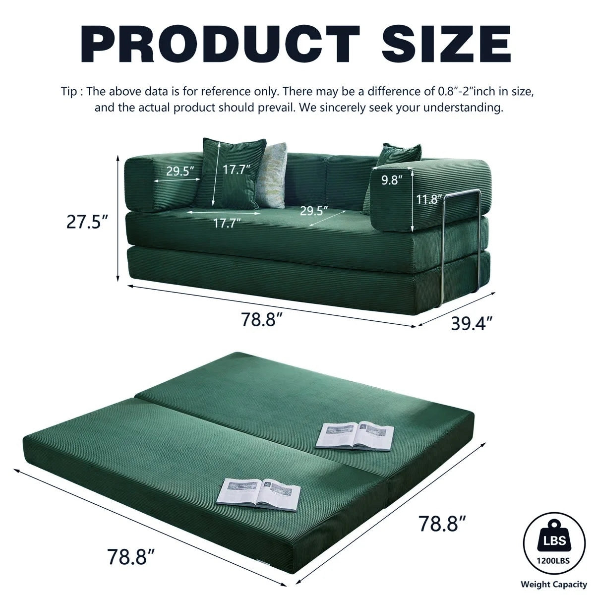 Divano letto trasformabile da 78,8 m con cuscino a compressione, comodo divano futon, letto letto