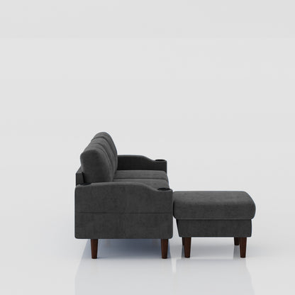 Divano trasformabile a L in tessuto da 78'', 3 posti, con contenitore, porta USB, portabicchieri