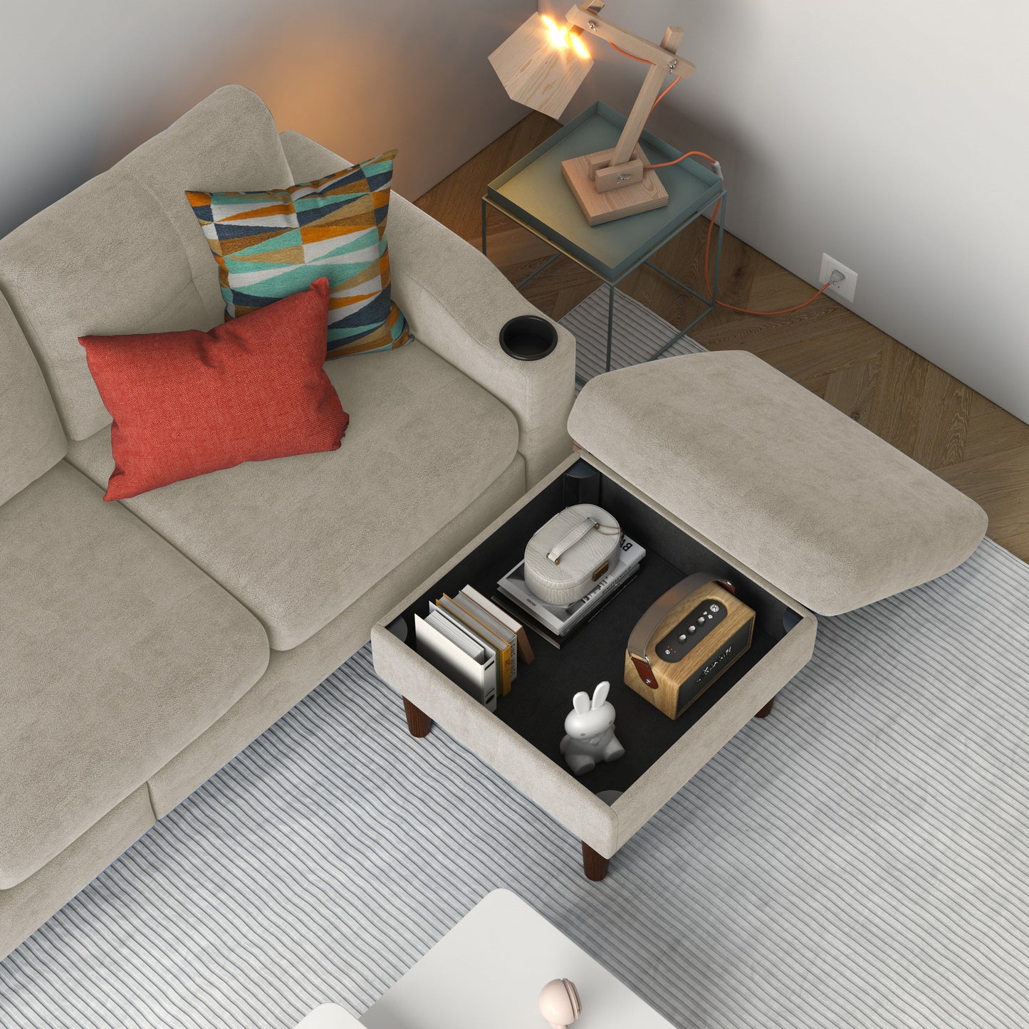 Divano trasformabile a L in tessuto da 78'', 3 posti, con contenitore, porta USB, portabicchieri