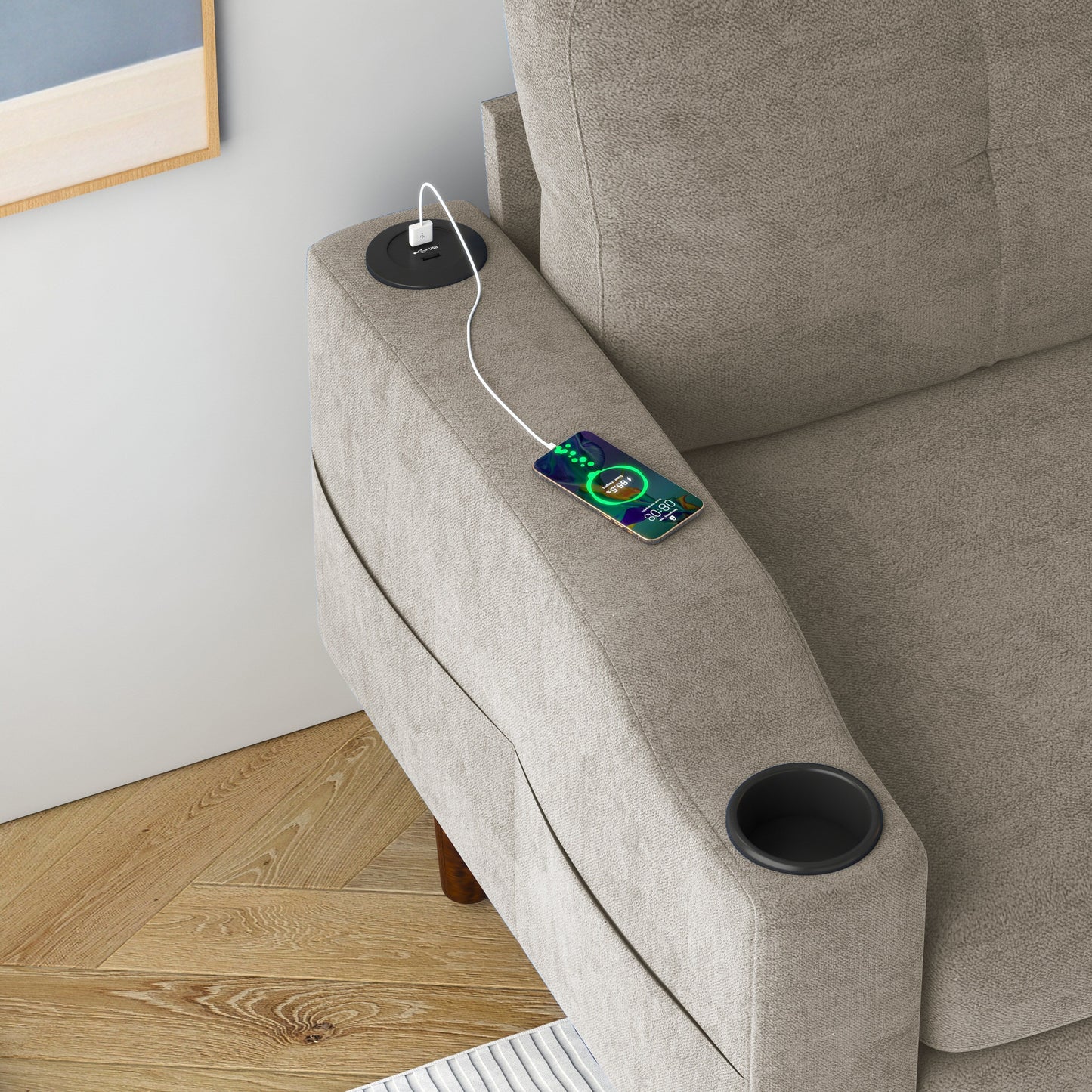 Divano trasformabile a L in tessuto da 78'', 3 posti, con contenitore, porta USB, portabicchieri