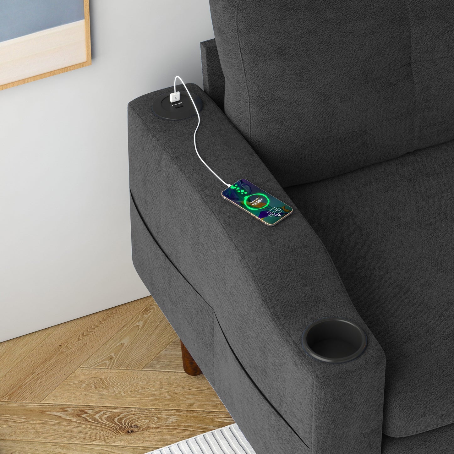 Divano trasformabile in tessuto a L da 78'' con contenitore, porta USB e portabicchieri, ideale per piccoli spazi