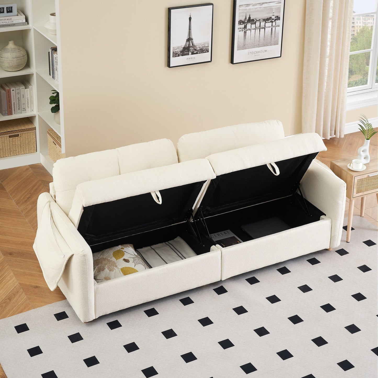 Tessuto per divano Teddy Cotton Linen lungo 79,50 pollici, con gambe lunghe coniche in metallo, striscia di metallo abbinata, elegante e semplice - Beige