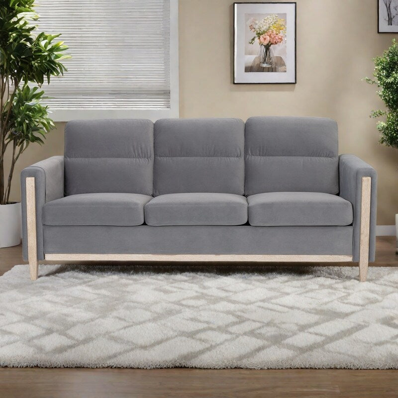 Divano a 3 posti in legno massello di velluto da 79,5 pollici con seduta a molle insacchettate, schienale in schiuma PP e tasca portaoggetti laterale