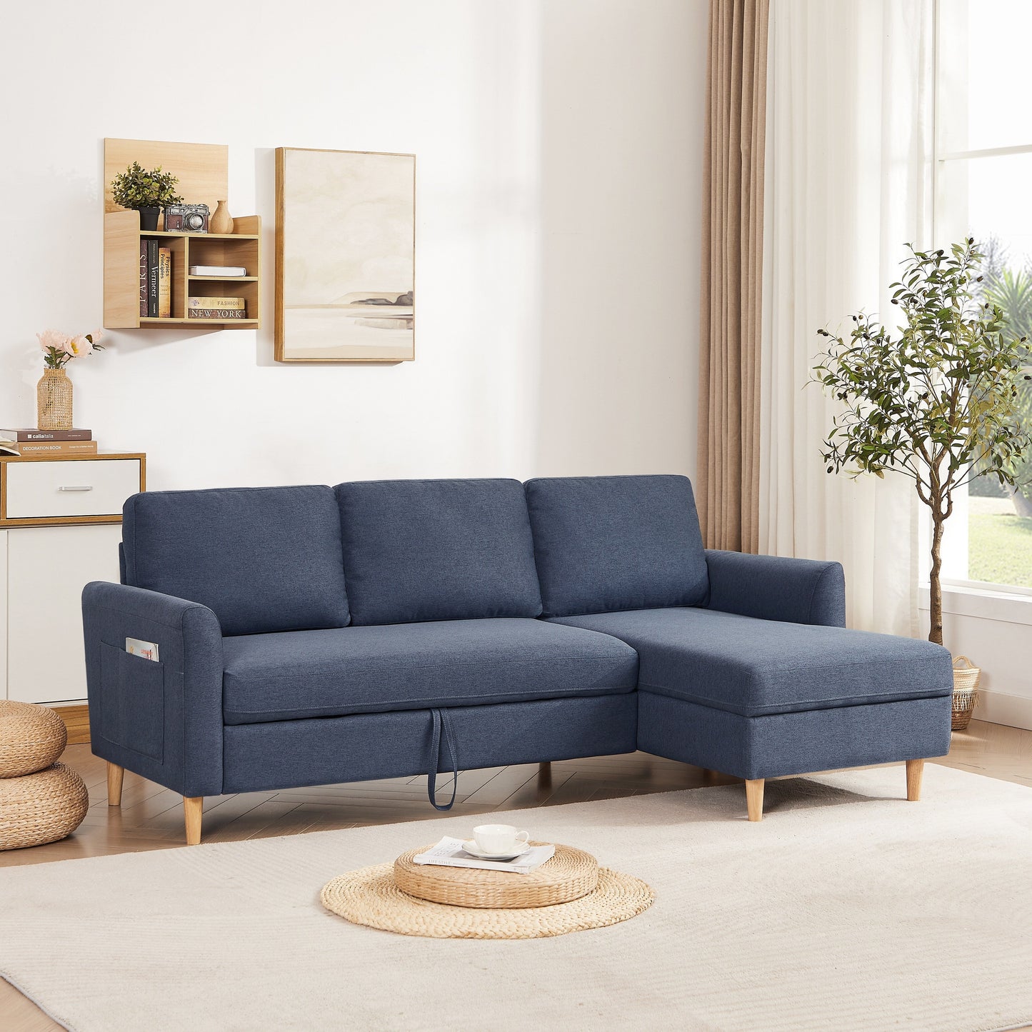 Divano a L in tessuto regolabile da 79,5'', 3 posti con letto estraibile e chaise longue contenitore