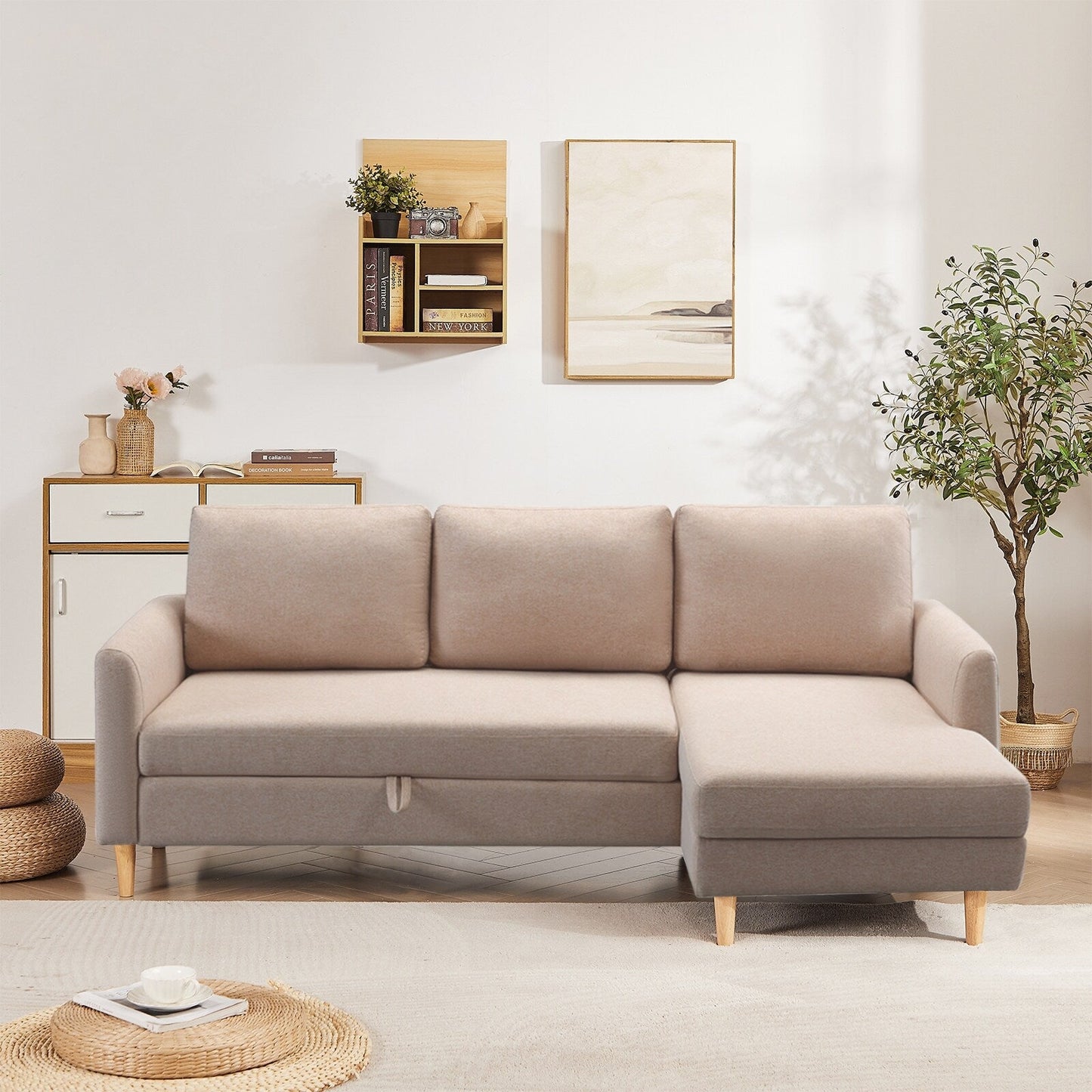 Divano letto a 3 posti a L in tessuto da 79,5'' con chaise longue, letto estraibile e design imbottito