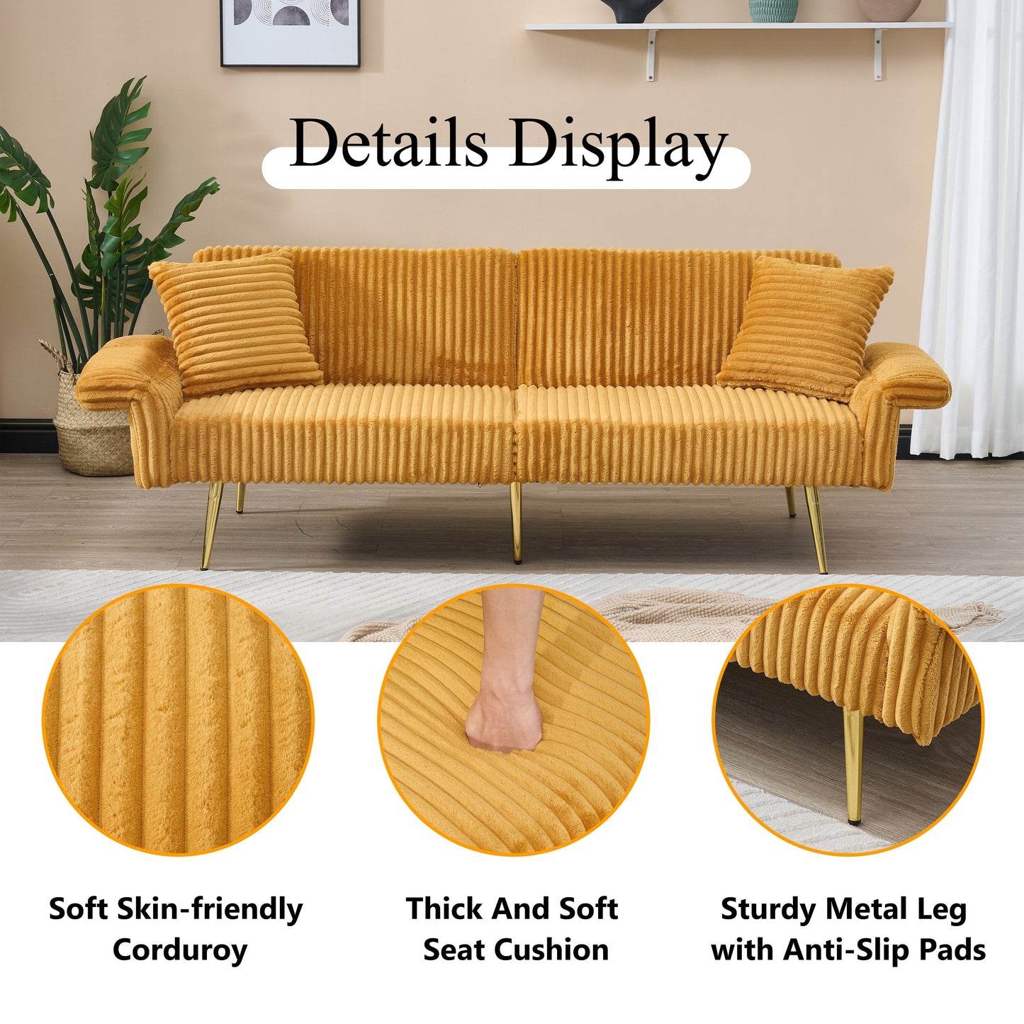 Divano letto pieghevole in velluto a coste 79 con braccioli a 3 posizioni, schiuma ad alta resilienza e gambe in metallo