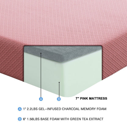 Set di materasso e cuscino singolo da 7 pollici, materasso in memory foam con gel traspirante, rosa, materasso in una scatola