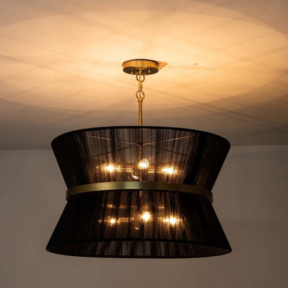 Lampadario a tamburo grande in stile boho moderno a 8 luci, lampadario a clessidra in tessuto intrecciato a mano da 24 pollici in oro/nero per sala da pranzo/soggiorno