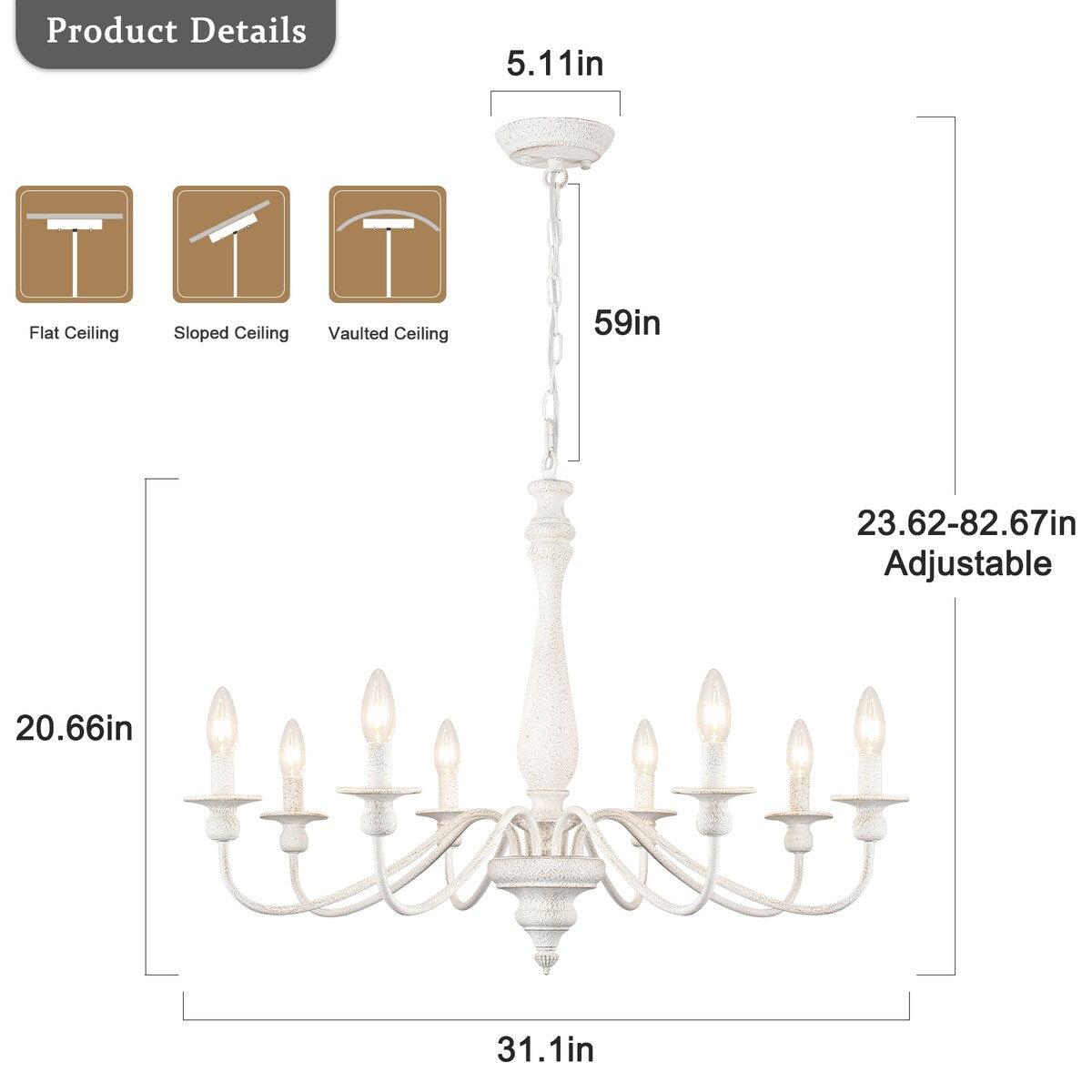 Lampadario moderno in stile fattoria, lampadario a 8 luci con candela per soggiorno, cucina, isola, sala da pranzo, ingresso - L31,1 x A20,66