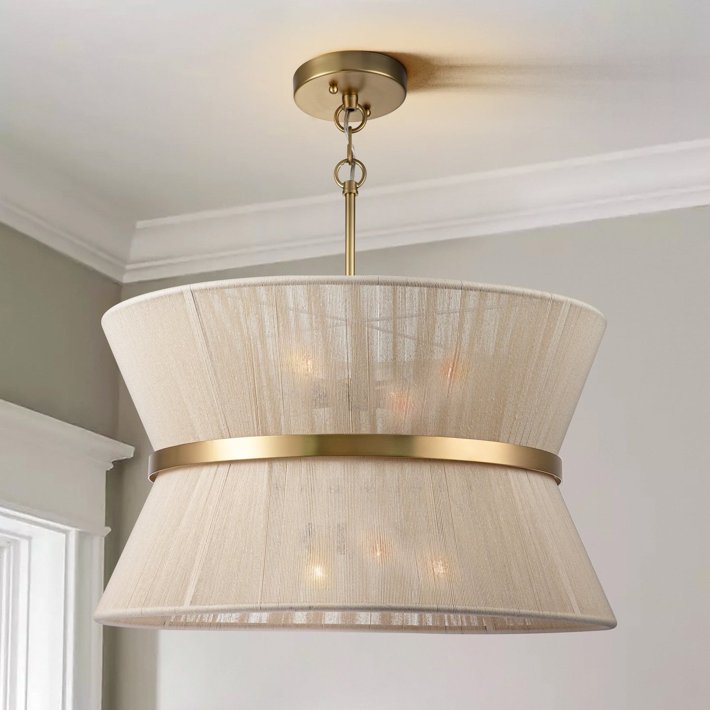 Lampadario a tamburo grande in stile boho moderno a 8 luci, lampadario a clessidra in tessuto intrecciato a mano da 24 pollici in oro/nero per sala da pranzo/soggiorno
