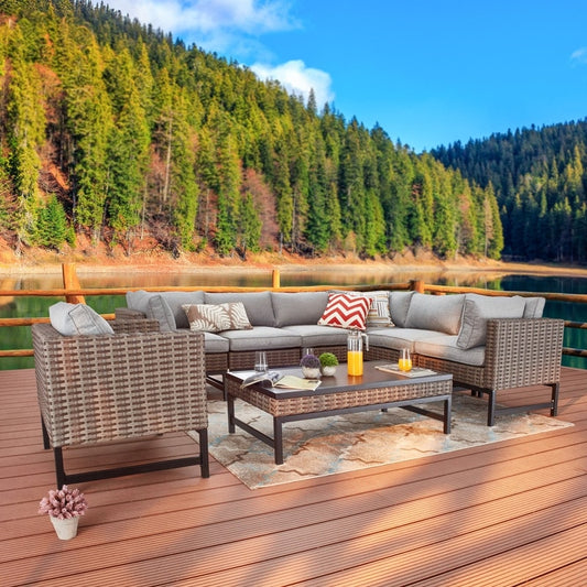 Patio Festival - Set da conversazione componibile in vimini ad angolo retto da 8 pezzi