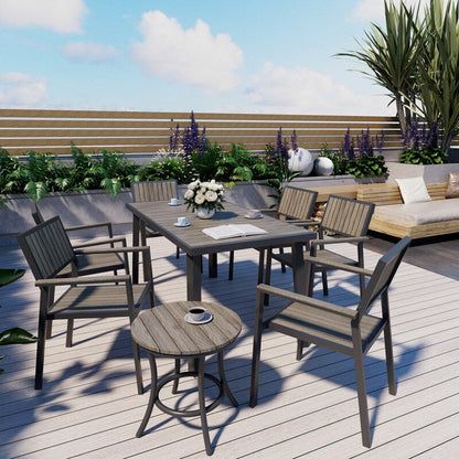 Set da pranzo per esterni da 8 pezzi con tavolo rettangolare, tavolino laterale piccolo e 6 sedie impilabili