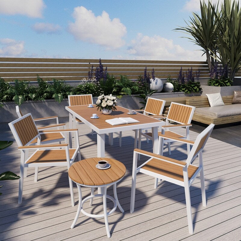 Set da pranzo per esterni da 8 pezzi con tavolo rettangolare, tavolino laterale piccolo e 6 sedie impilabili