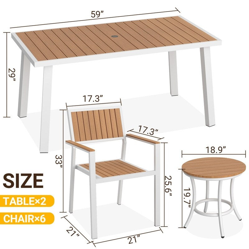 Set da pranzo per esterni da 8 pezzi con tavolo rettangolare, tavolino laterale piccolo e 6 sedie impilabili