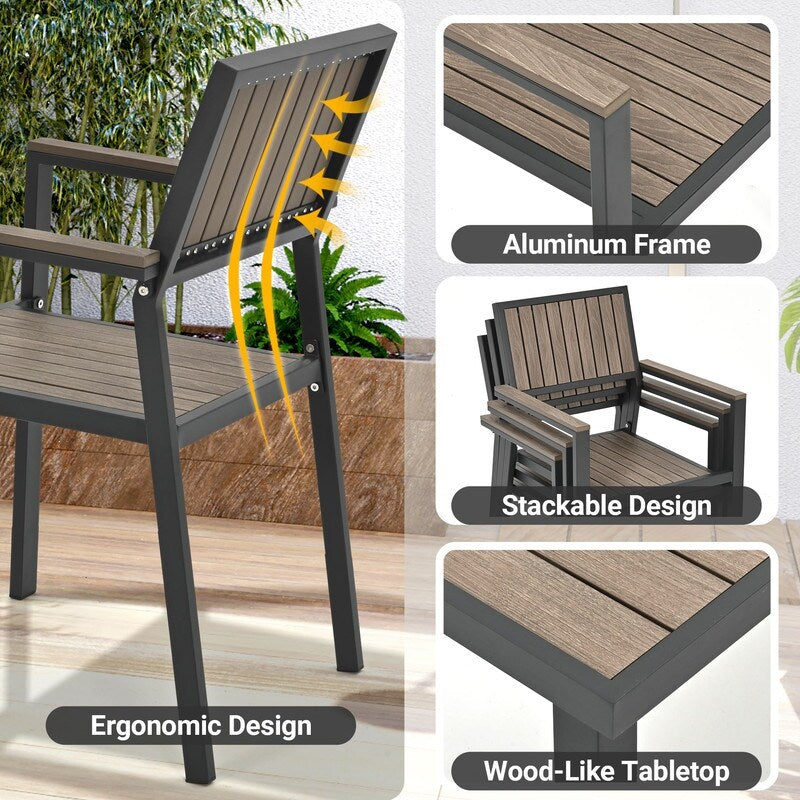 Set da pranzo per esterni da 8 pezzi con tavolo rettangolare, tavolino laterale piccolo e 6 sedie impilabili